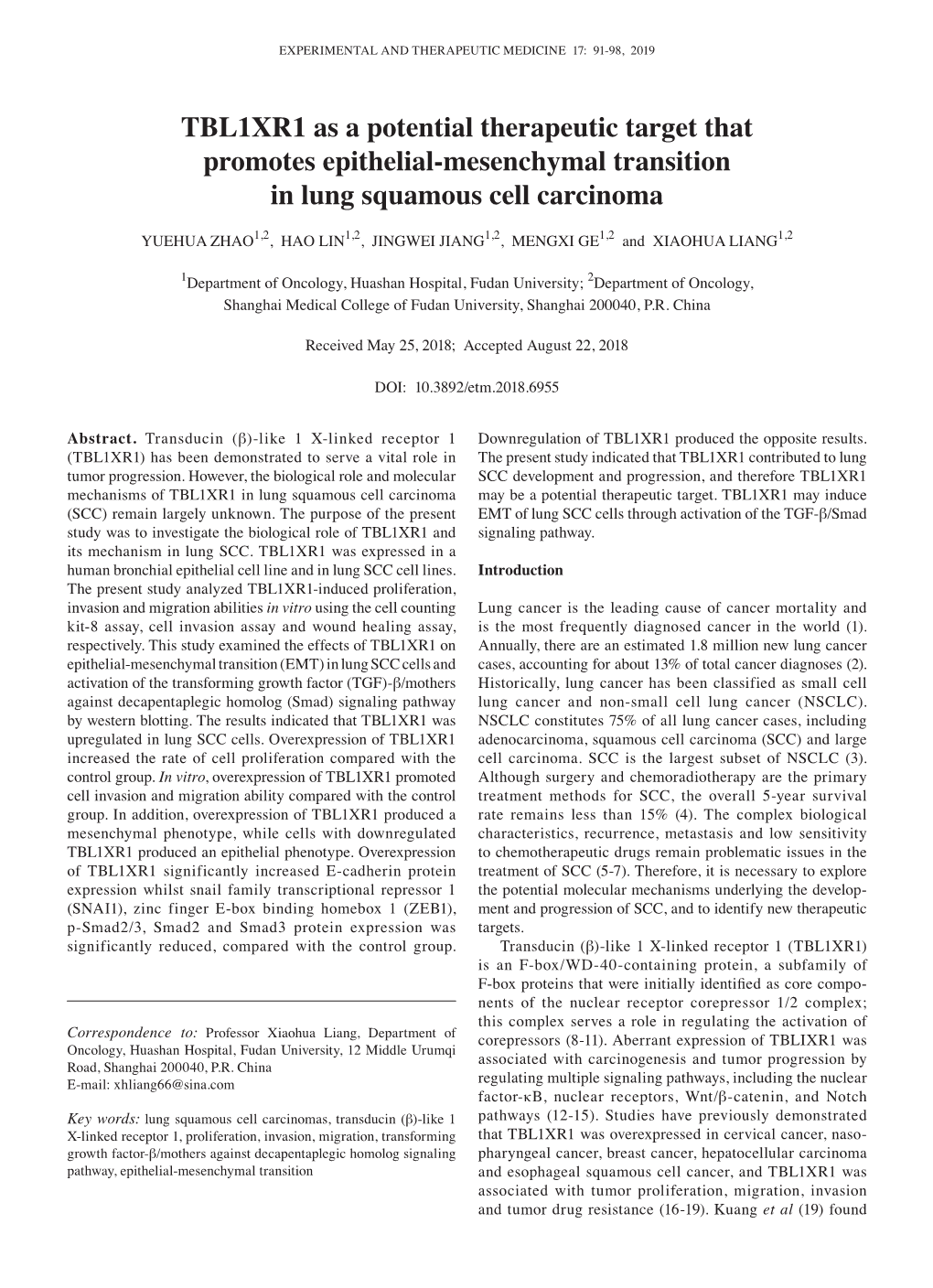 TBL1XR1 As a Potential Therapeutic Target That Promotes Epithelial‑Mesenchymal Transition in Lung Squamous Cell Carcinoma