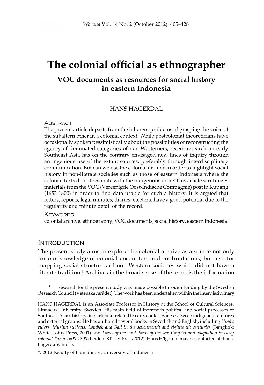 The Colonial Official As Ethnographer VOC Documents As Resources for Social History in Eastern Indonesia
