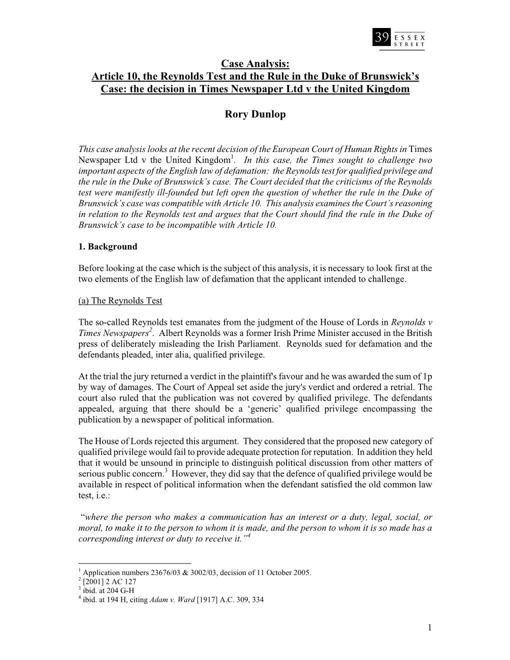 Case Analysis: Article 10, the Reynolds Test and the Rule in the Duke of Brunswick's Case: the Decision in Times Newspaper