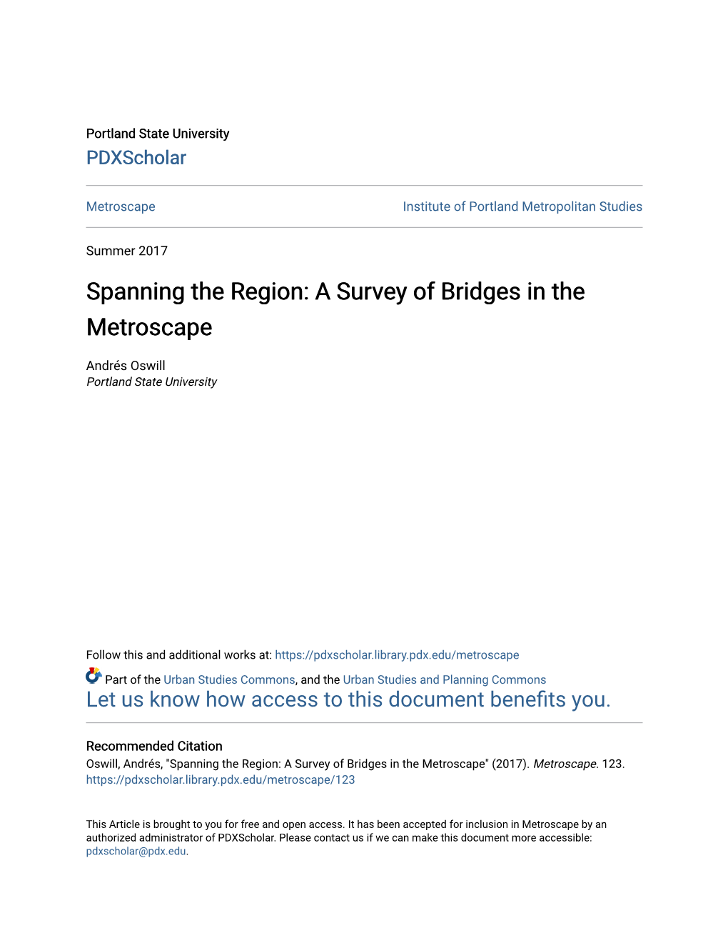 Spanning the Region: a Survey of Bridges in the Metroscape