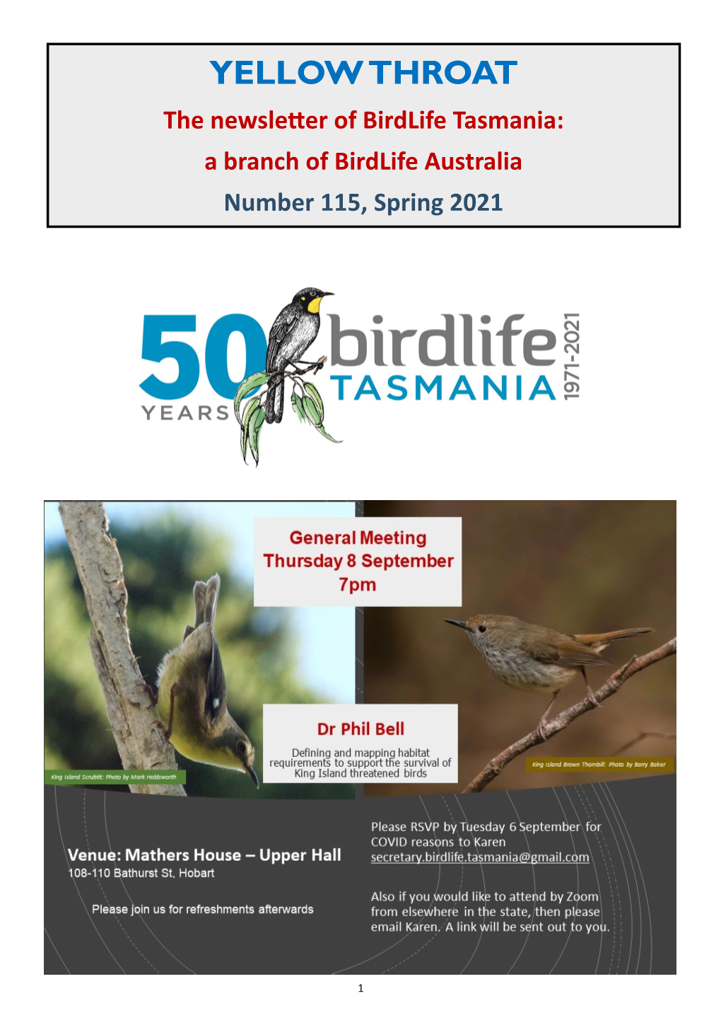 YELLOW THROAT the Newsletter of Birdlife Tasmania: a Branch of Birdlife Australia Number 115, Spring 2021