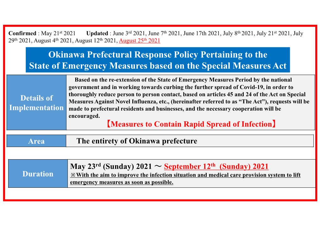 Okinawa Prefectural Response Policy Pertaining to the State of Emergency Measures Based on the Special Measures Act