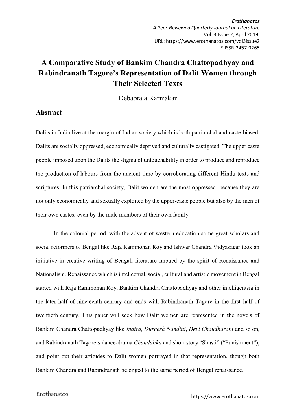 A Comparative Study of Bankim Chandra Chattopadhyay and Rabindranath Tagore’S Representation of Dalit Women Through Their Selected Texts