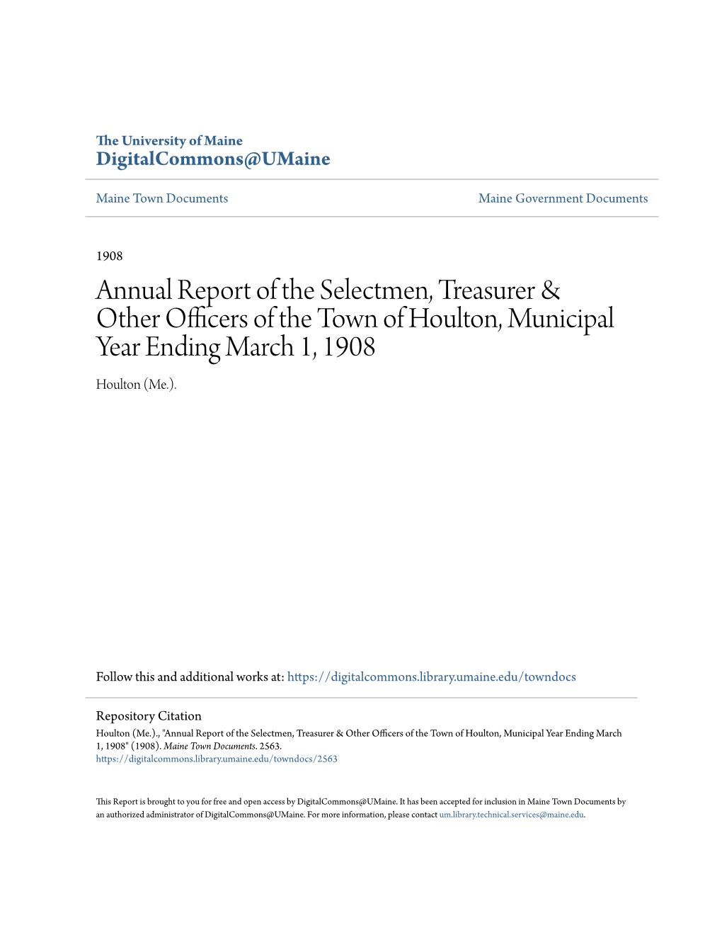 Annual Report of the Selectmen, Treasurer & Other Officers of The