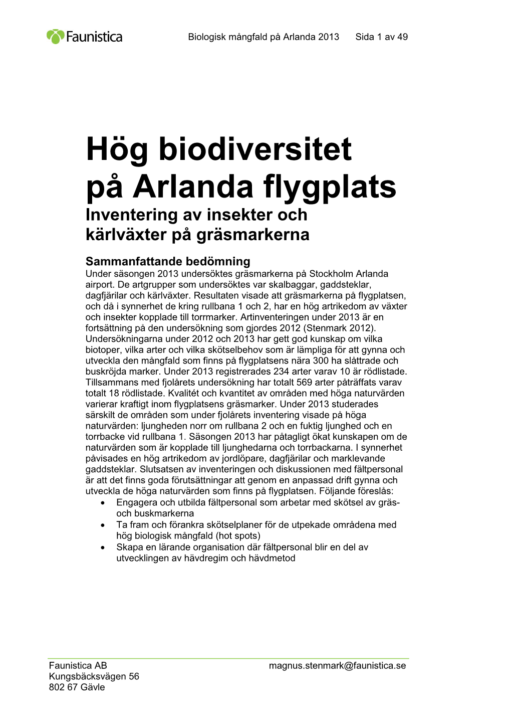 Biologisk Mångfald På Arlanda 2013 Sida 1 Av 49