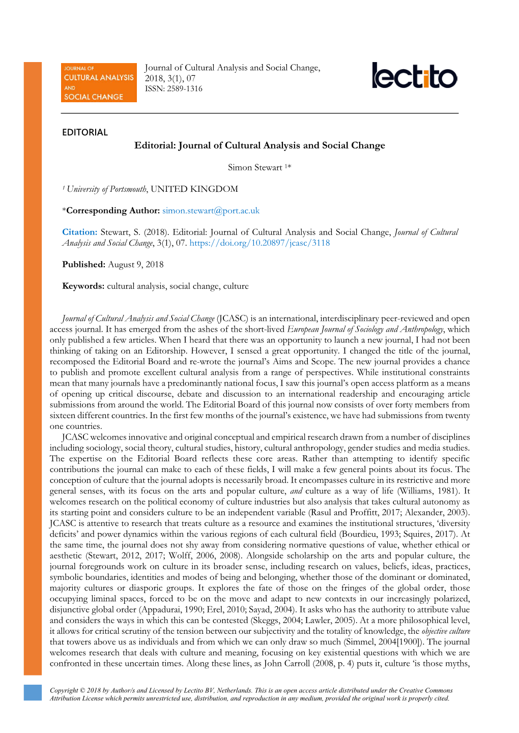 Editorial: Journal of Cultural Analysis and Social Change