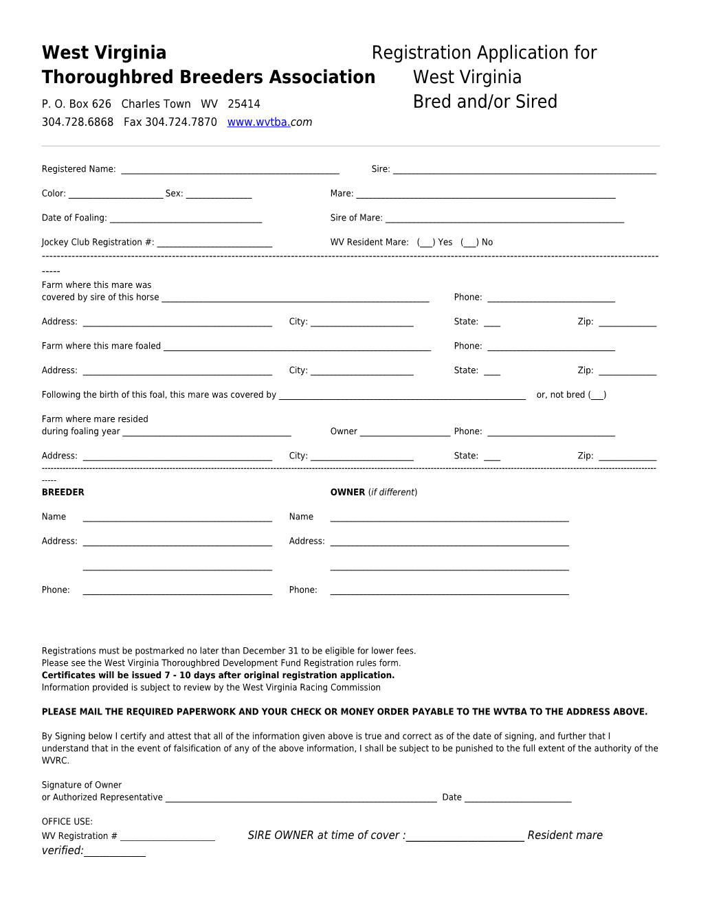 West Virginia Registration Application For