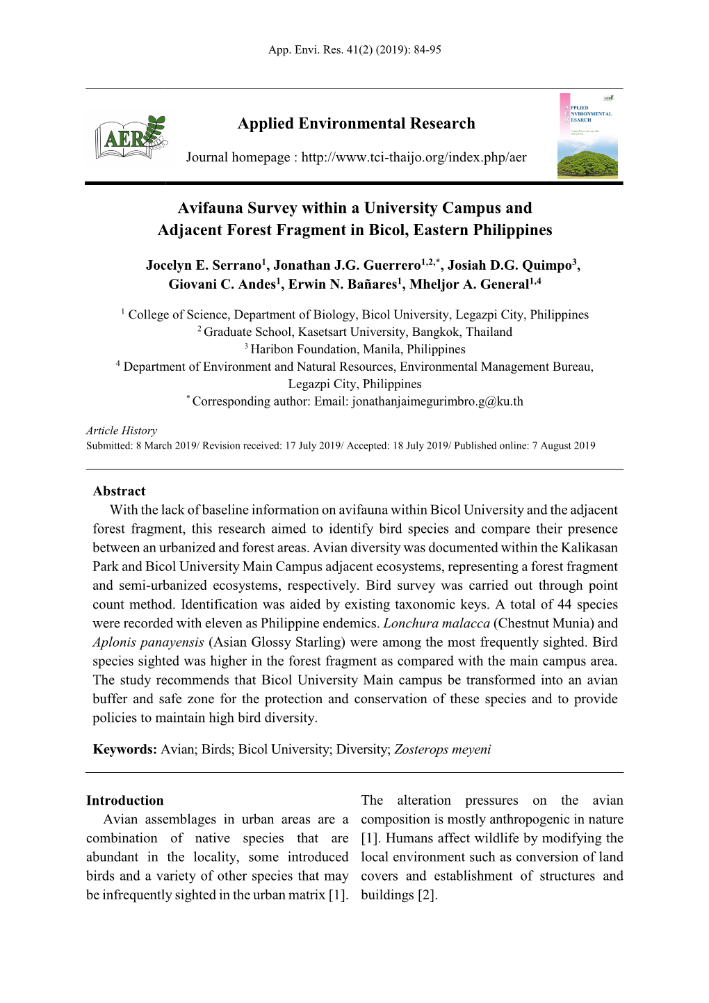 Avifauna Survey Within a University Campus and Adjacent Forest Fragment in Bicol, Eastern Philippines Applied Environmental