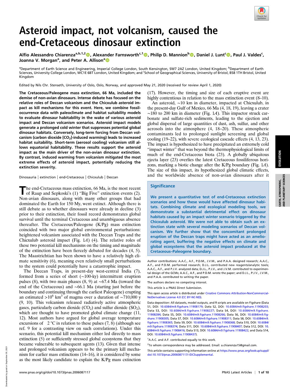 Asteroid Impact, Not Volcanism, Caused the End-Cretaceous Dinosaur Extinction