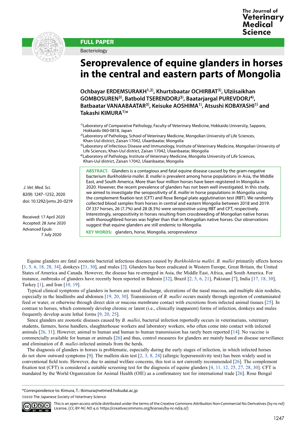 Seroprevalence of Equine Glanders in Horses in the Central and Eastern Parts of Mongolia