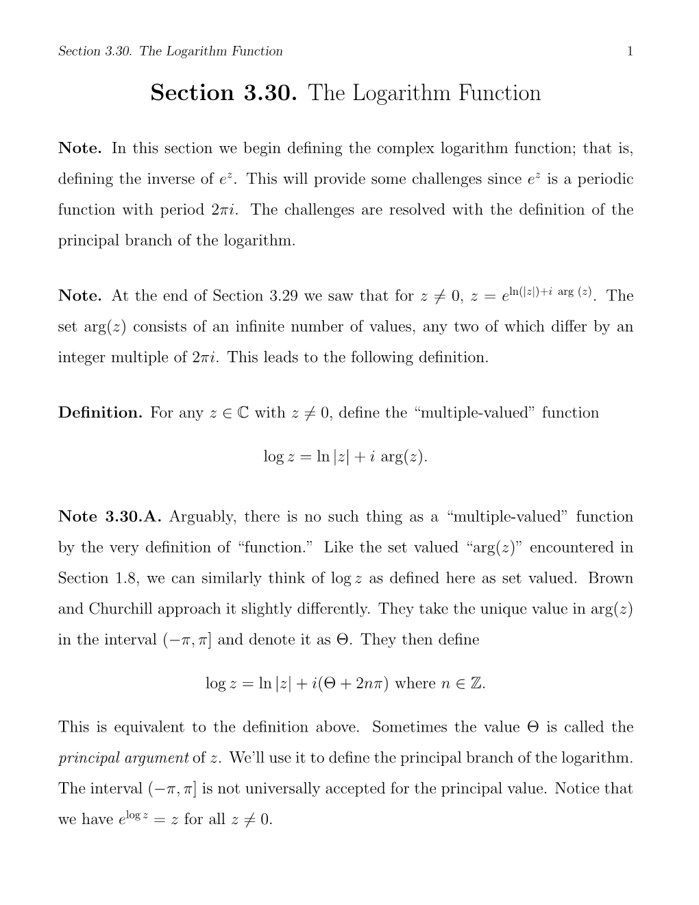 Section 3.30. the Logarithm Function 1 Section 3.30