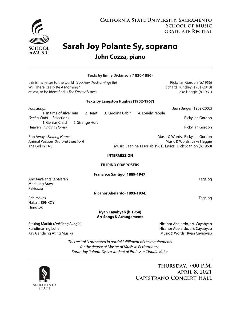 Sarah Joy Polante Sy, Soprano John Cozza, Piano