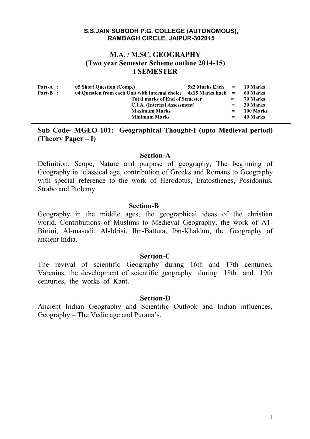 MA / M.SC. GEOGRAPHY (Two Year Semester Scheme Outline 2014-15)