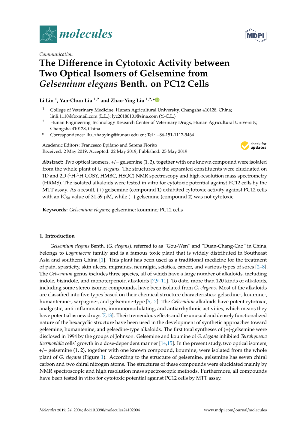 The Difference in Cytotoxic Activity Between Two Optical Isomers Of