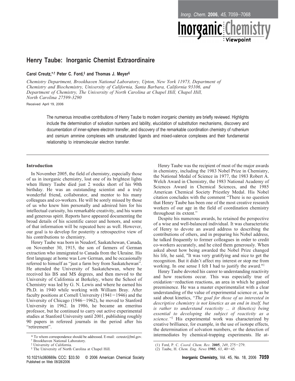 Henry Taube: Inorganic Chemist Extraordinaire