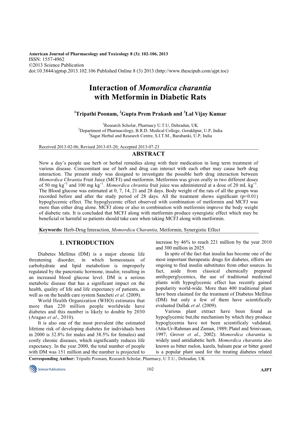 Interaction of Momordica Charantia with Metformin in Diabetic Rats