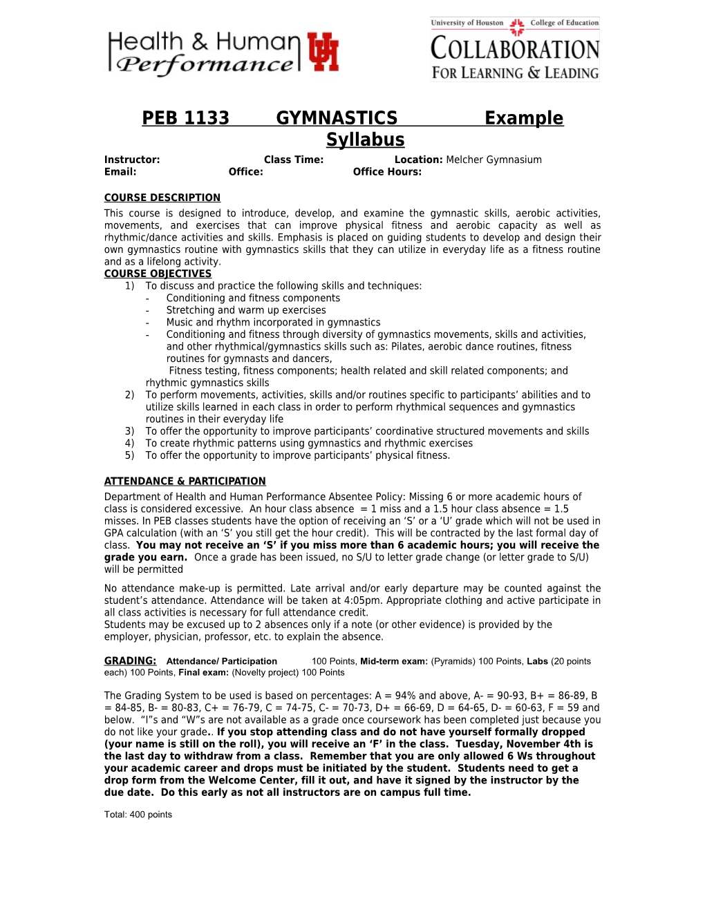 PEB 1133 GYMNASTICS Example Syllabus