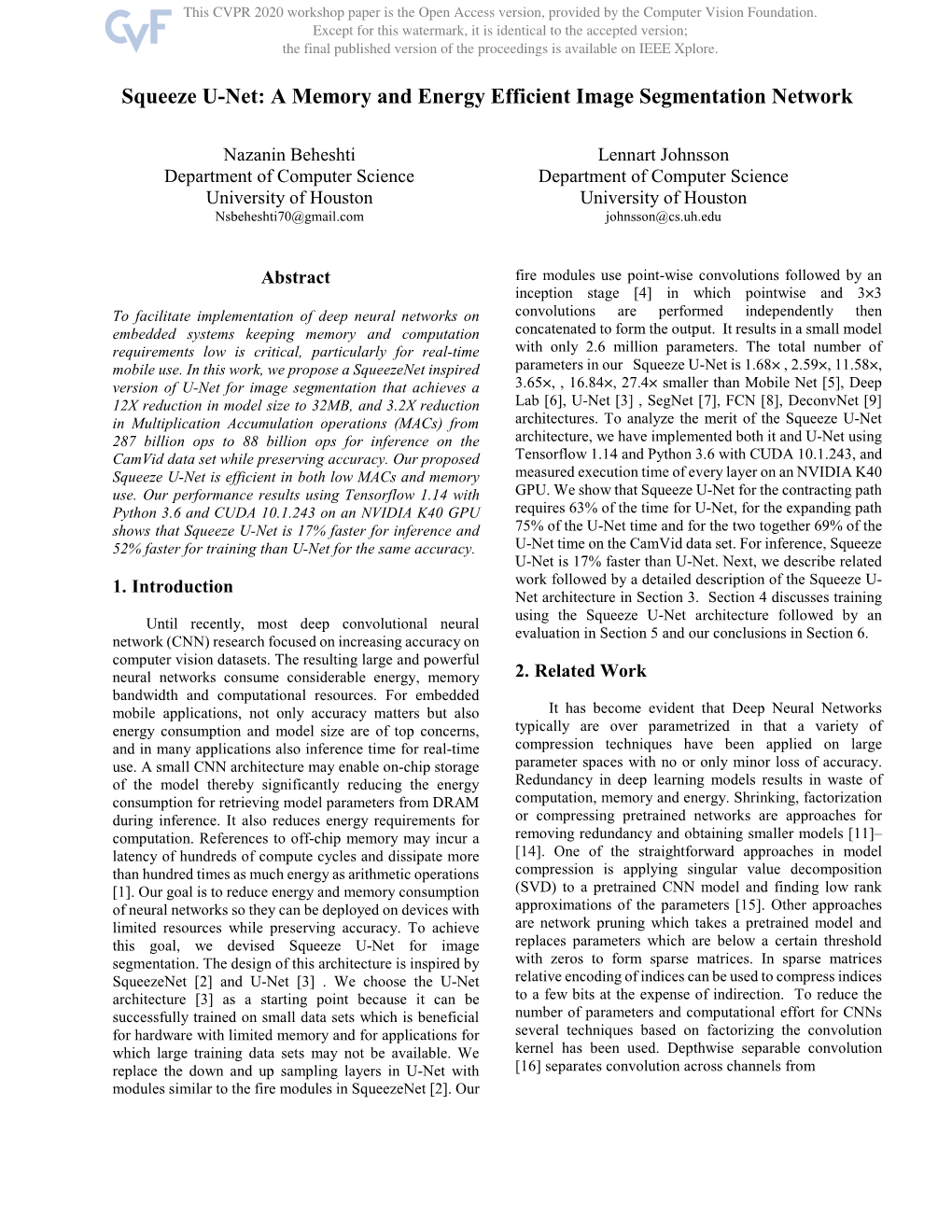 Squeeze U-Net: a Memory and Energy Efficient Image Segmentation Network