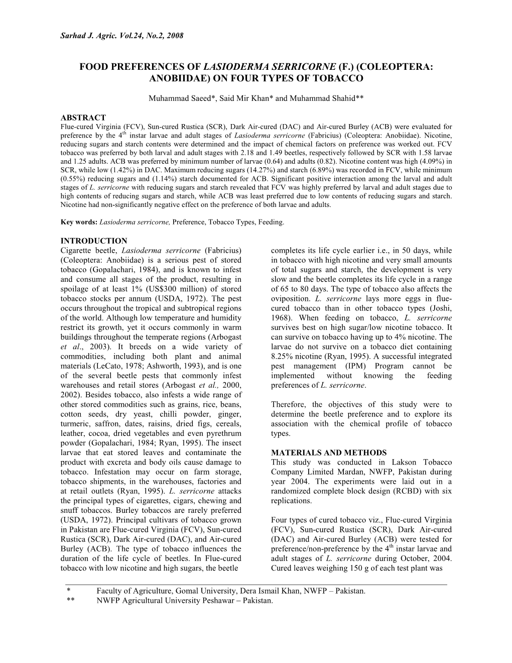 Food Preferences of Lasioderma Serricorne (F.) (Coleoptera: Anobiidae) on Four Types of Tobacco