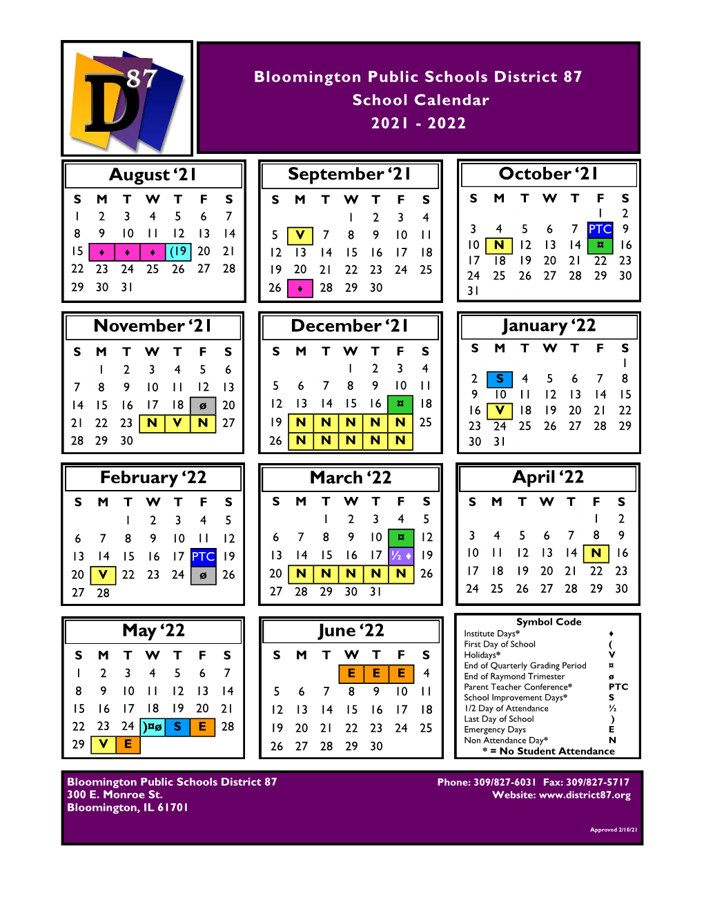 Bloomington Public Schools District 87 School Calendar 2021 - 2022