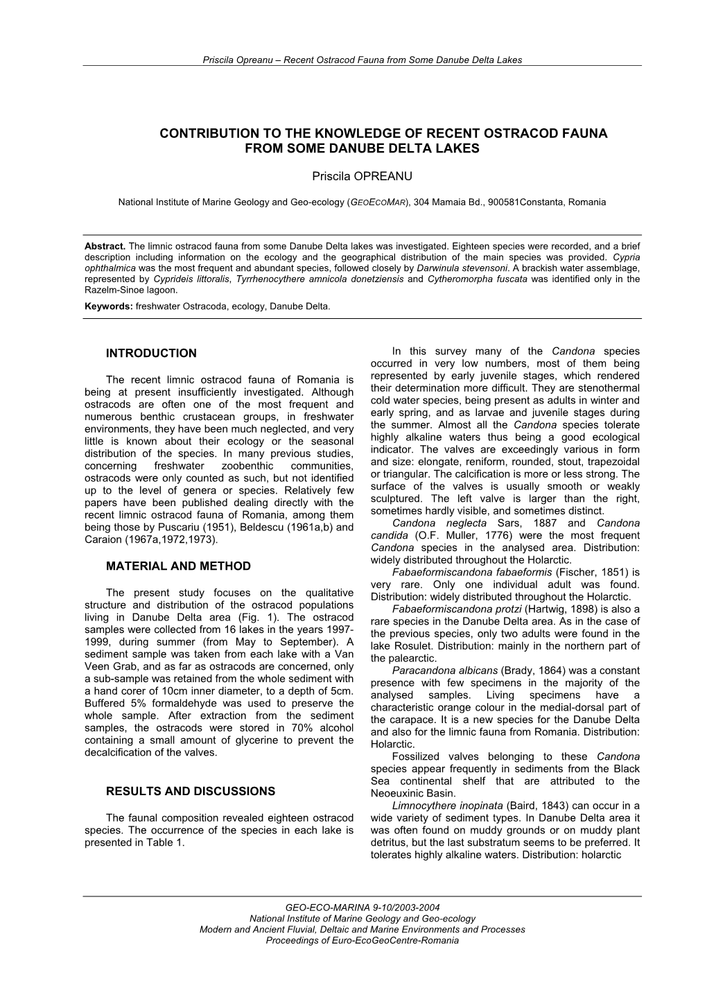 Contribution to the Knowledge of Recent Ostracod Fauna from Some Danube Delta Lakes