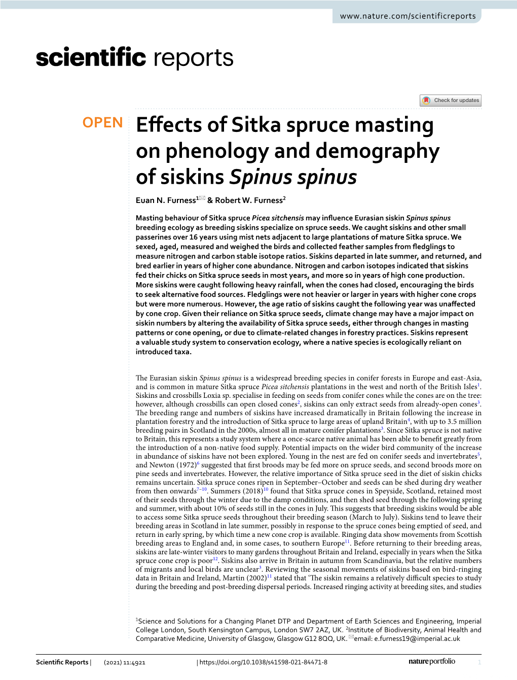 Effects of Sitka Spruce Masting on Phenology and Demography Of