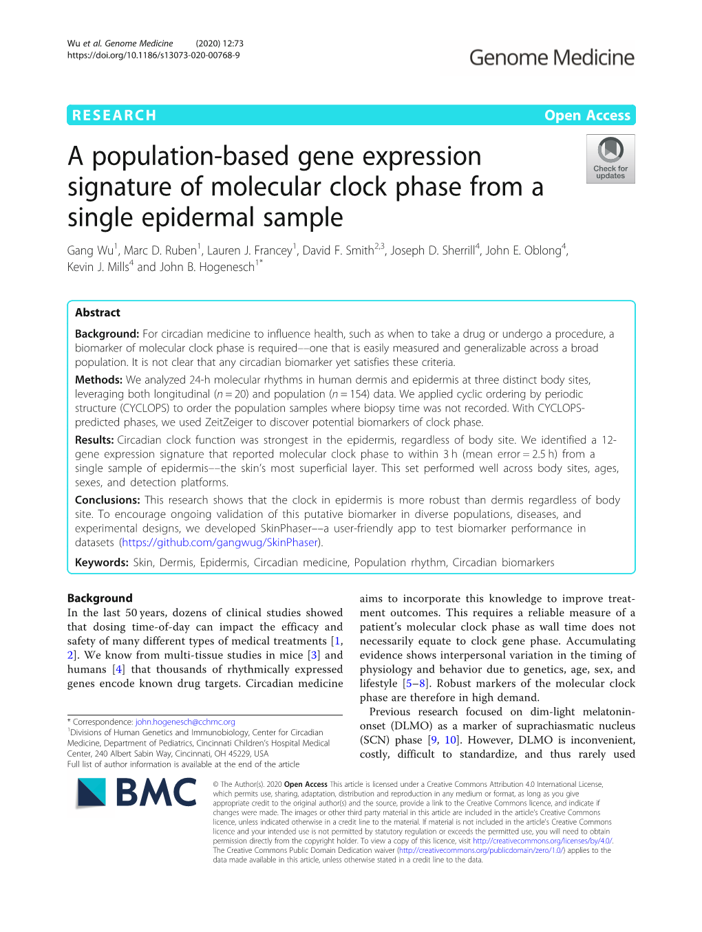 A Population-Based Gene Expression Signature of Molecular Clock Phase from a Single Epidermal Sample Gang Wu1, Marc D