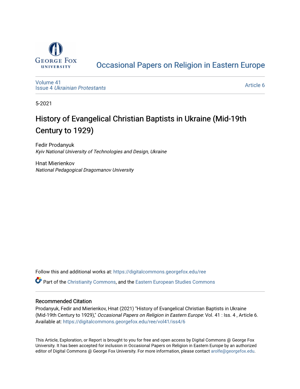 History of Evangelical Christian Baptists in Ukraine (Mid-19Th Century to 1929)