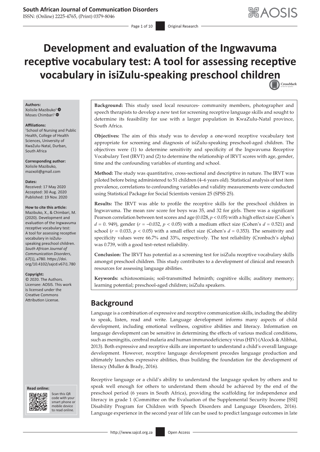 Development and Evaluation of the Ingwavuma Receptive Vocabulary Test: a Tool for Assessing Receptive Vocabulary in Isizulu-Speaking Preschool Children