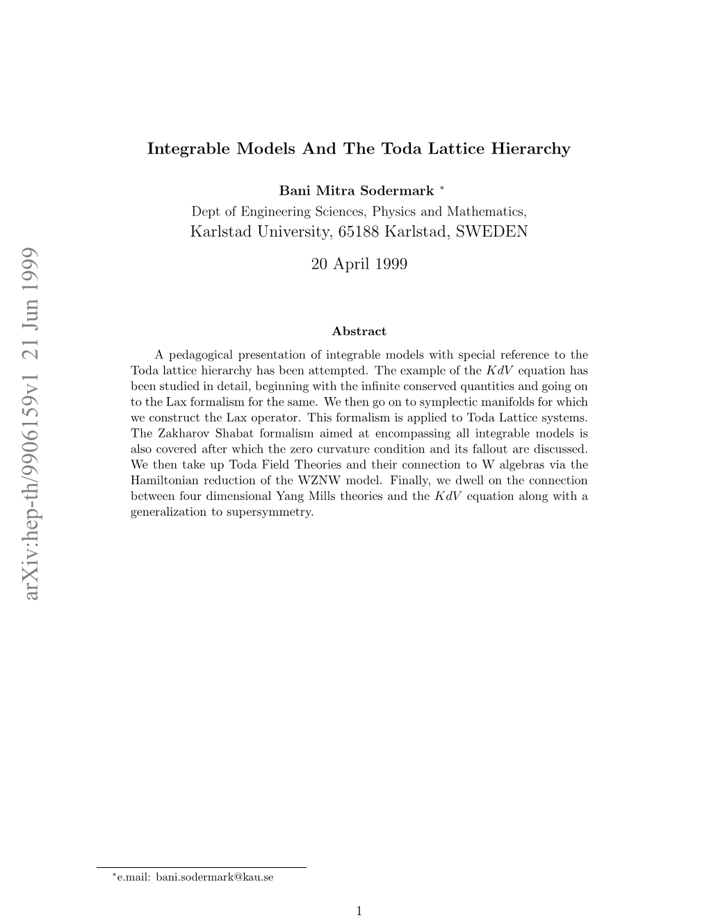 Integrable Models and the Toda Lattice Hierarchy