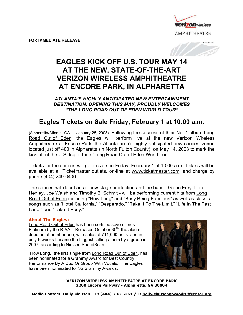 Eagles Kick Off U.S. Tour May 14 at the New, State-Of-The-Art Verizon Wireless Amphitheatre at Encore Park, in Alpharetta