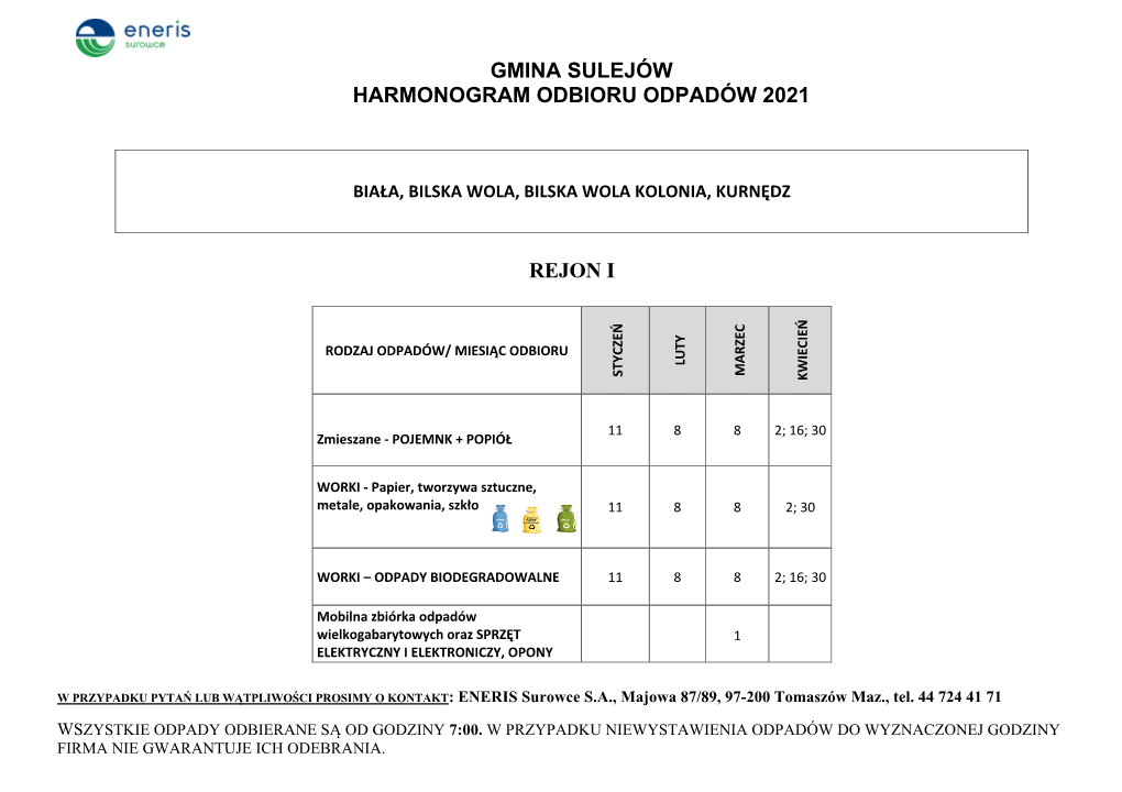 Gmina Sulejów Harmonogram Odbioru Odpadów 2021 Rejon I