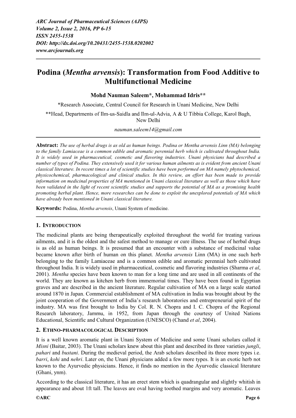 Mentha Arvensis): Transformation from Food Additive to Multifunctional Medicine