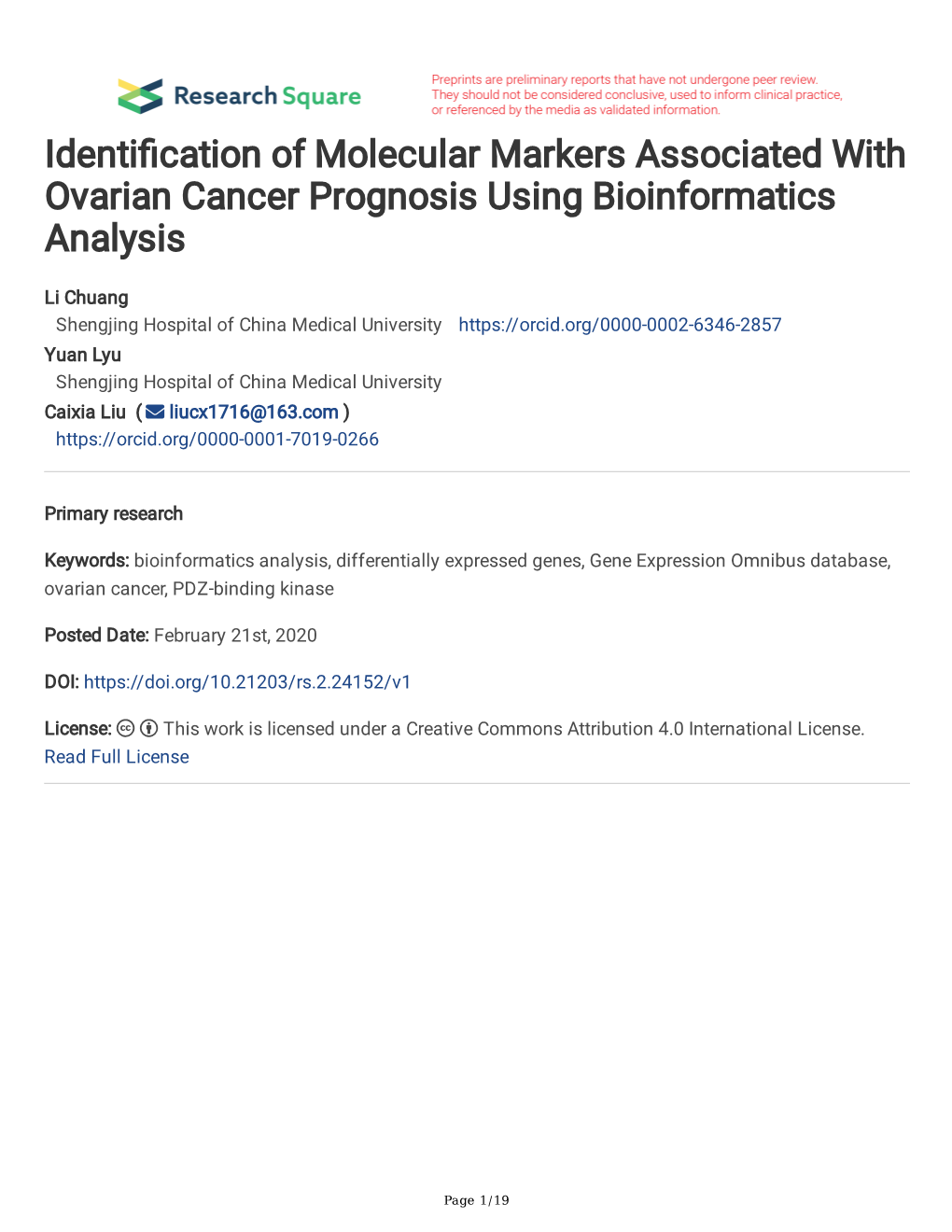 Identi Cation of Molecular Markers Associated with Ovarian Cancer