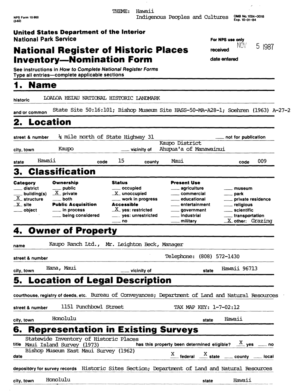 98T Inventory Nomination Form Date Entered See Instructions in How to Complete National Register Forms Type All Entries Complete Applicable Sections______1