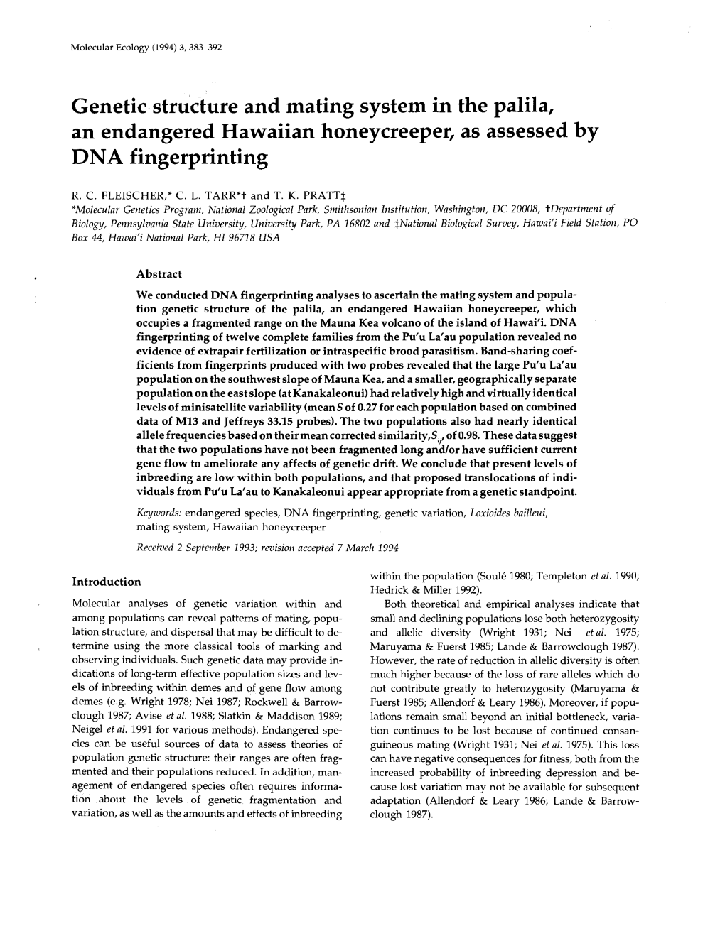 Genetic Structure and Mating System in the Palila, an Endangered Hawaiian Honeycreeper, As Assessed by DNA Fingerprinting