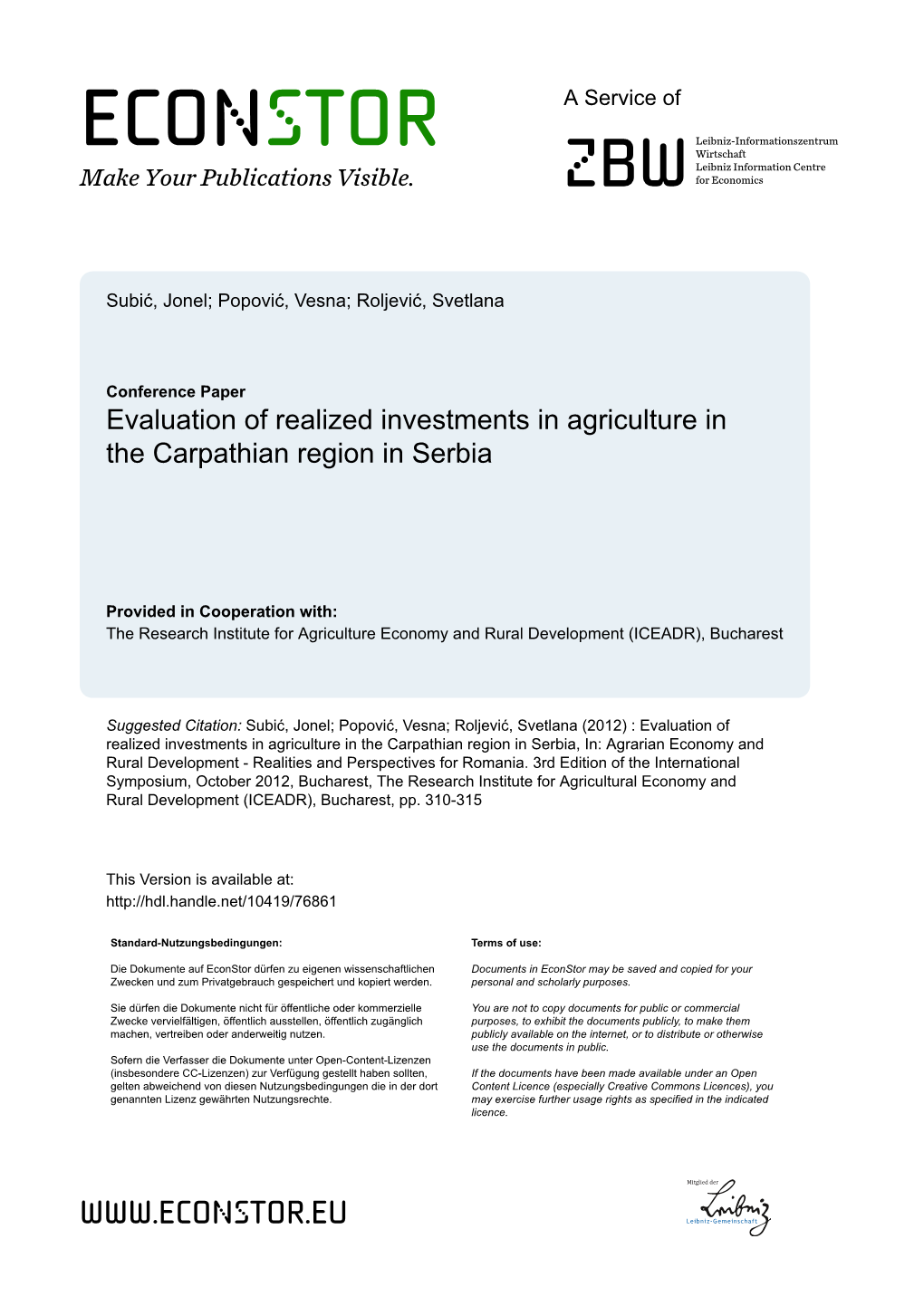 Evaluation of Realized Investments in Agriculture in the Carpathian Region in Serbia