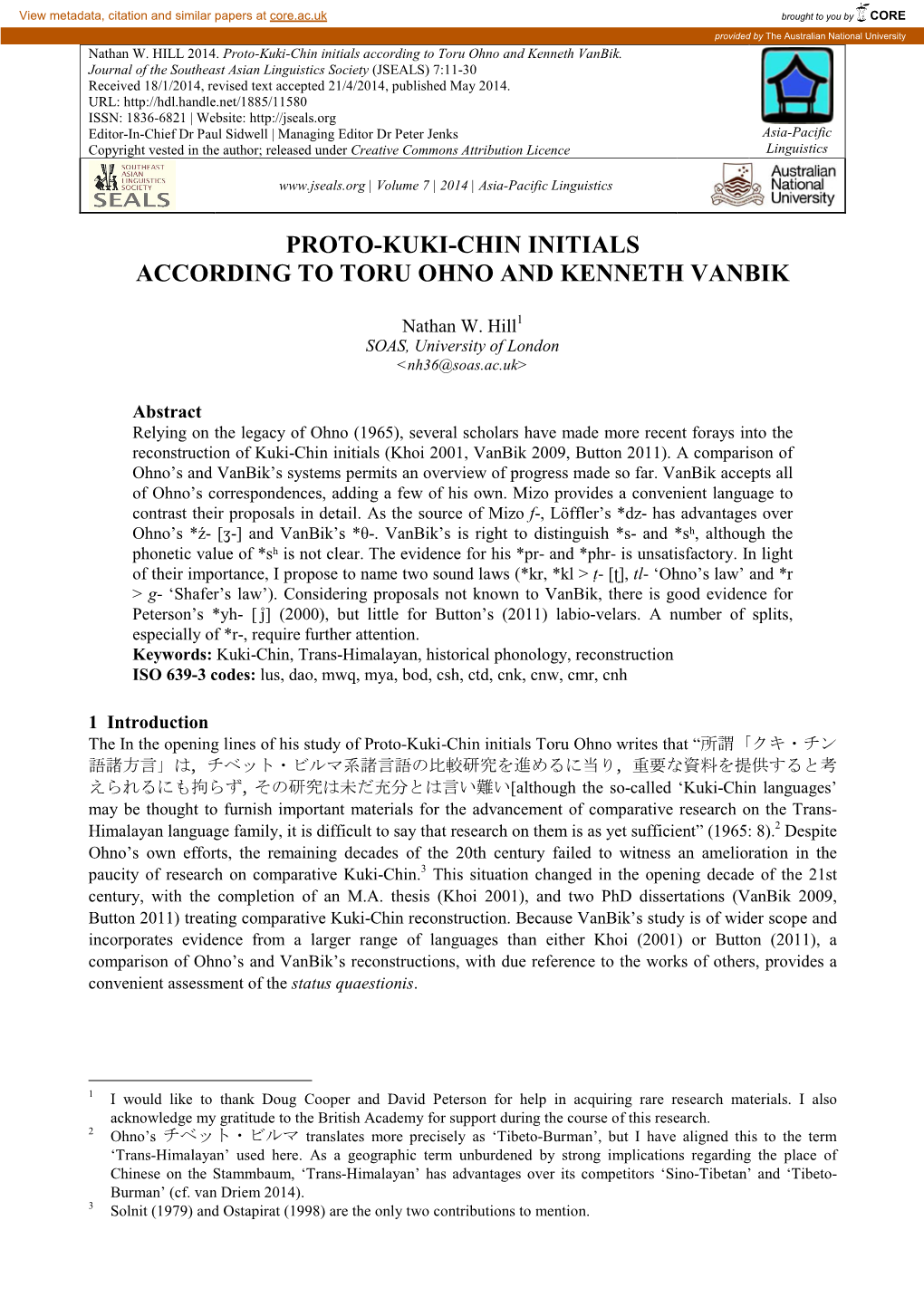 Proto-Kuki-Chin Initials According to Toru Ohno and Kenneth Vanbik