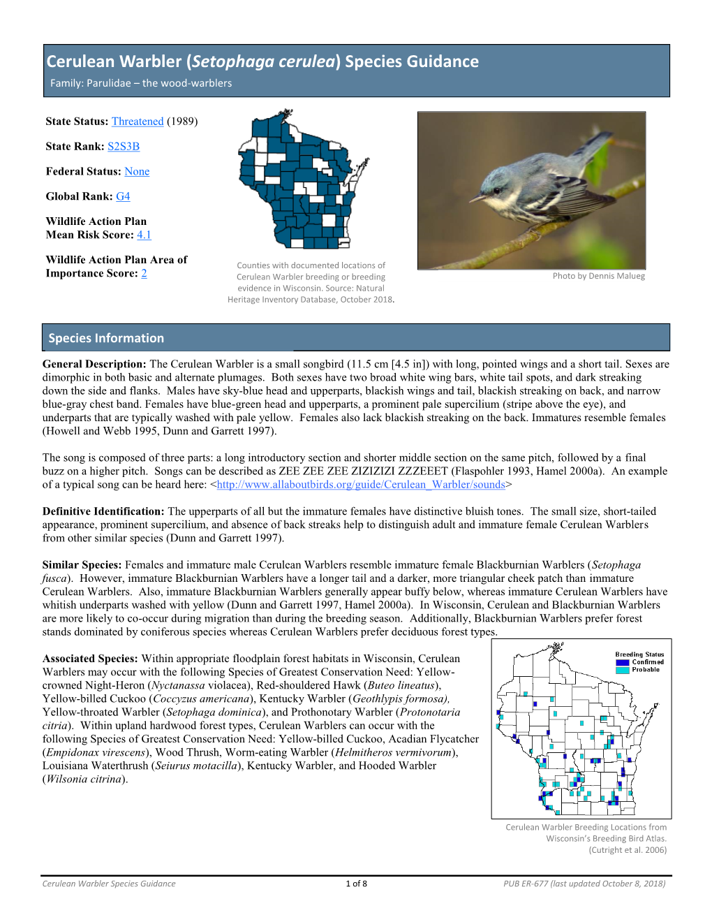 Cerulean Warbler (Setophaga Cerulea) Species Guidance Family: Parulidae – the Wood-Warblers