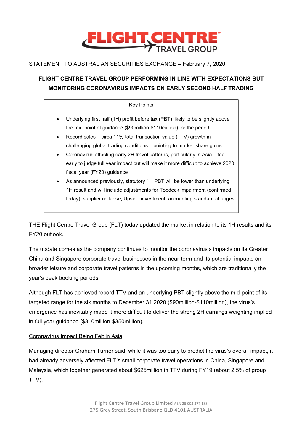 Flight Centre Travel Group Performing in Line with Expectations but Monitoring Coronavirus Impacts on Early Second Half Trading