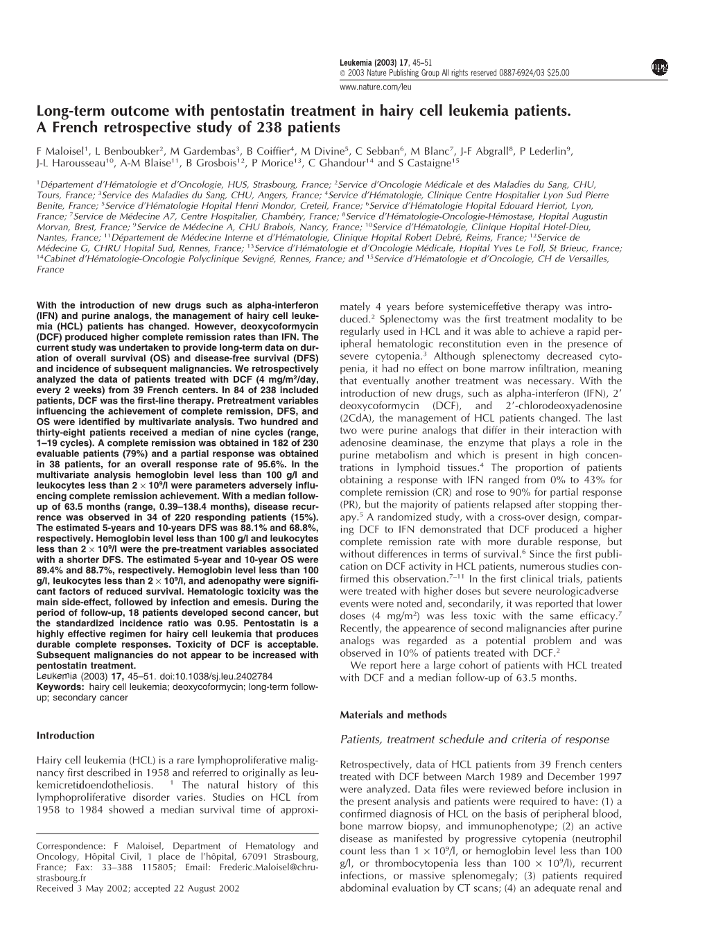 Long-Term Outcome with Pentostatin Treatment in Hairy Cell Leukemia Patients