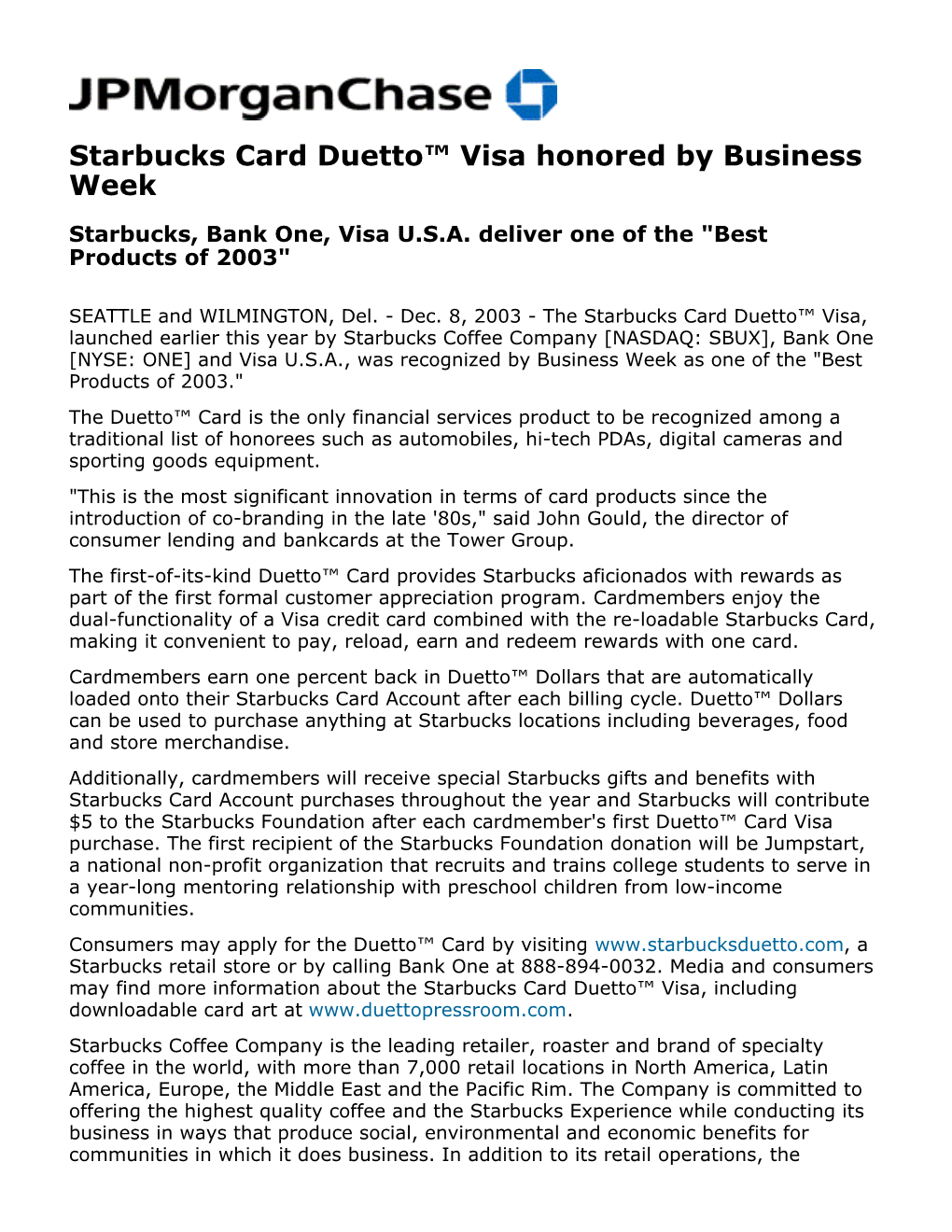 Starbucks Card Duetto™ Visa Honored by Business Week