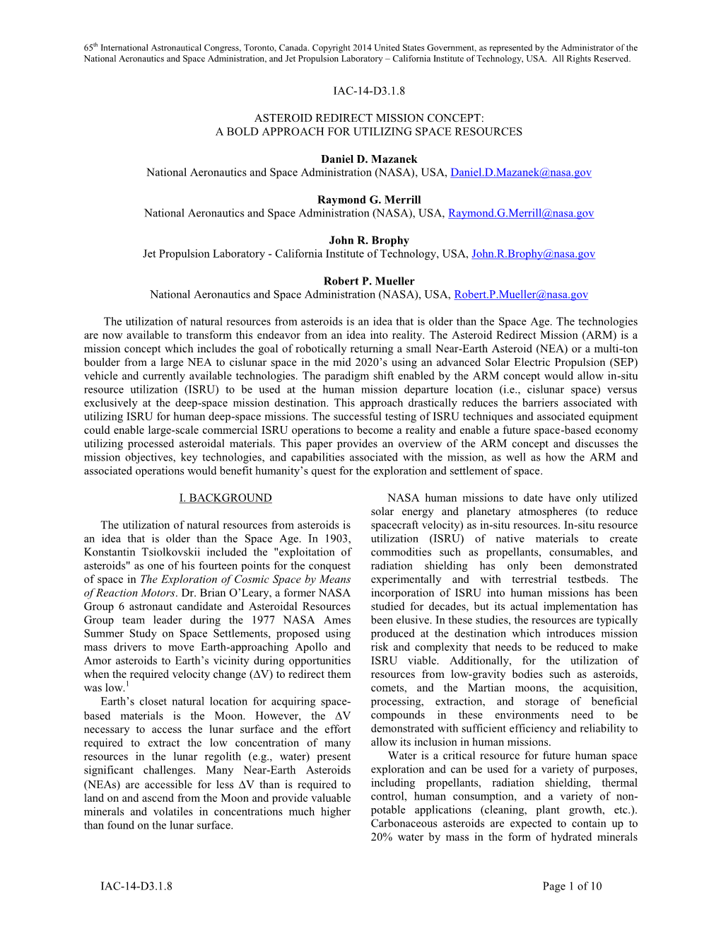 Asteroid Redirect Mission Concept: a Bold Approach for Utilizing Space Resources