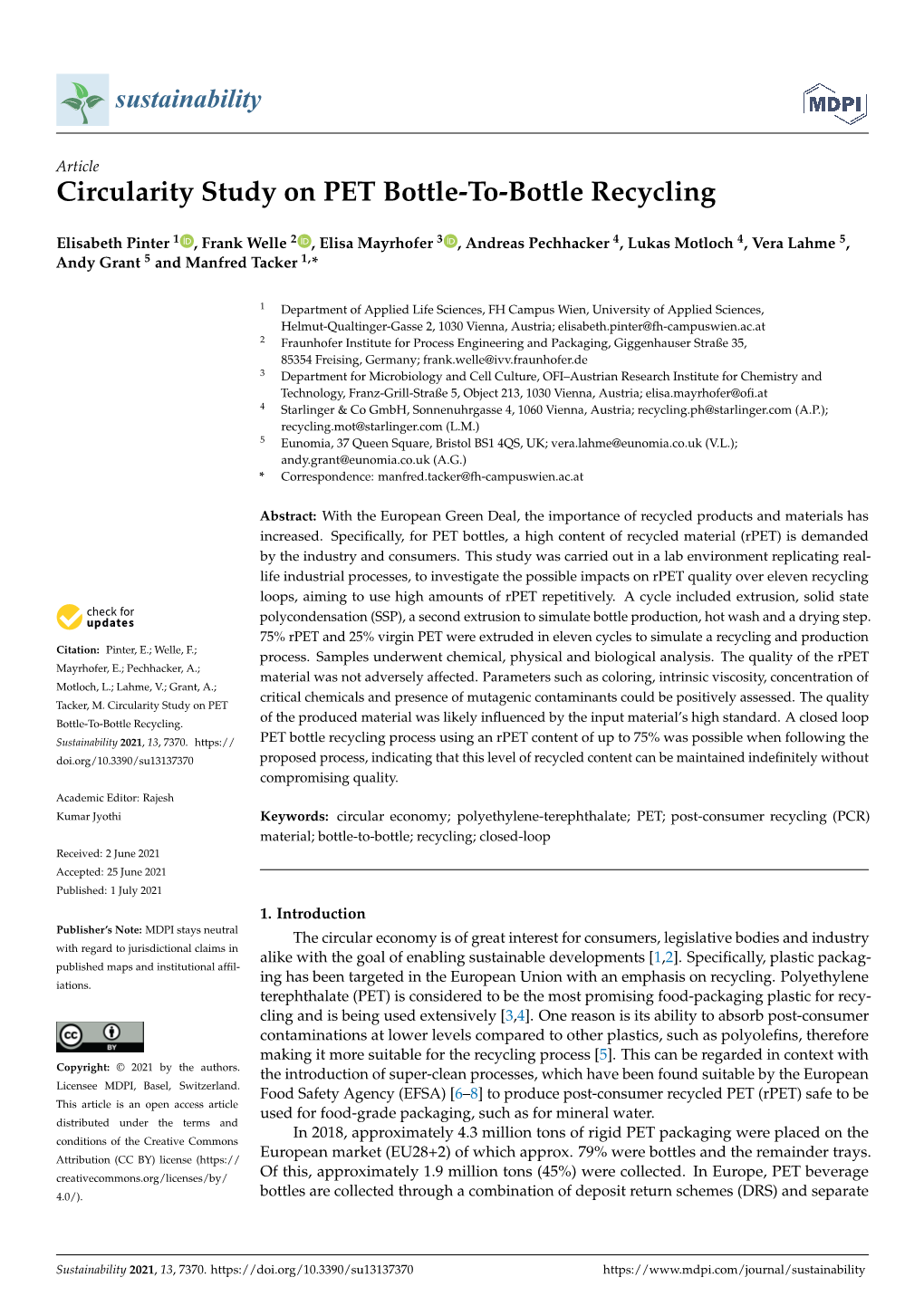 Circularity Study on PET Bottle-To-Bottle Recycling