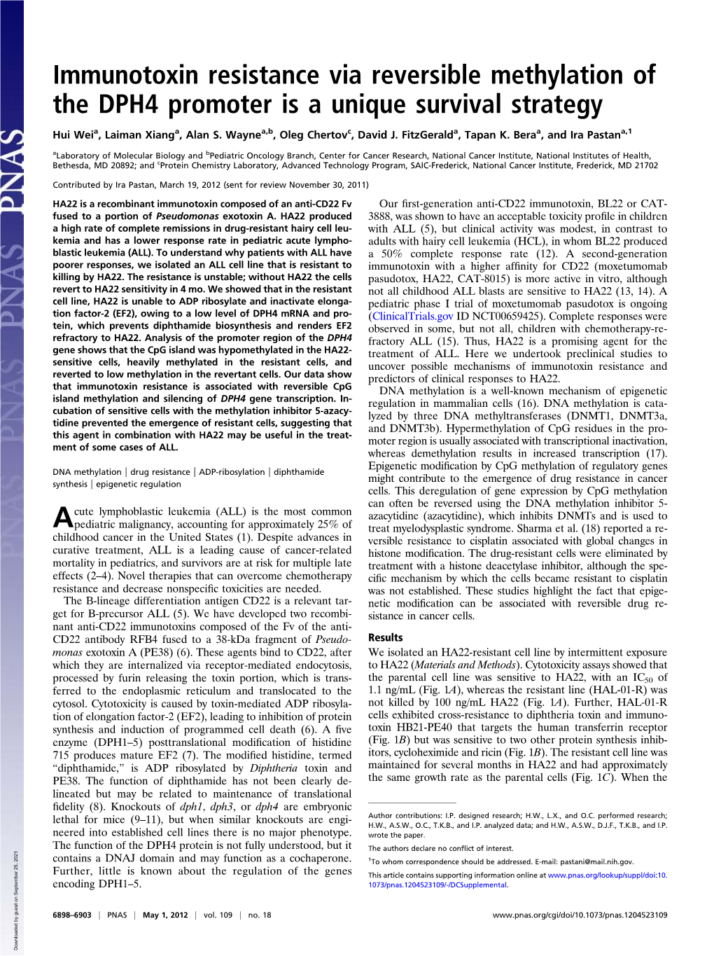 Immunotoxin Resistance Via Reversible Methylation of the DPH4 Promoter Is a Unique Survival Strategy