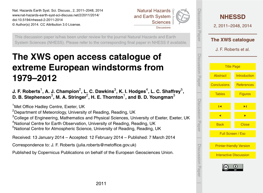 Discussion Paper Is/Has Been Under Review for the Journal Natural Hazards and Earth the XWS Catalogue System Sciences (NHESS)