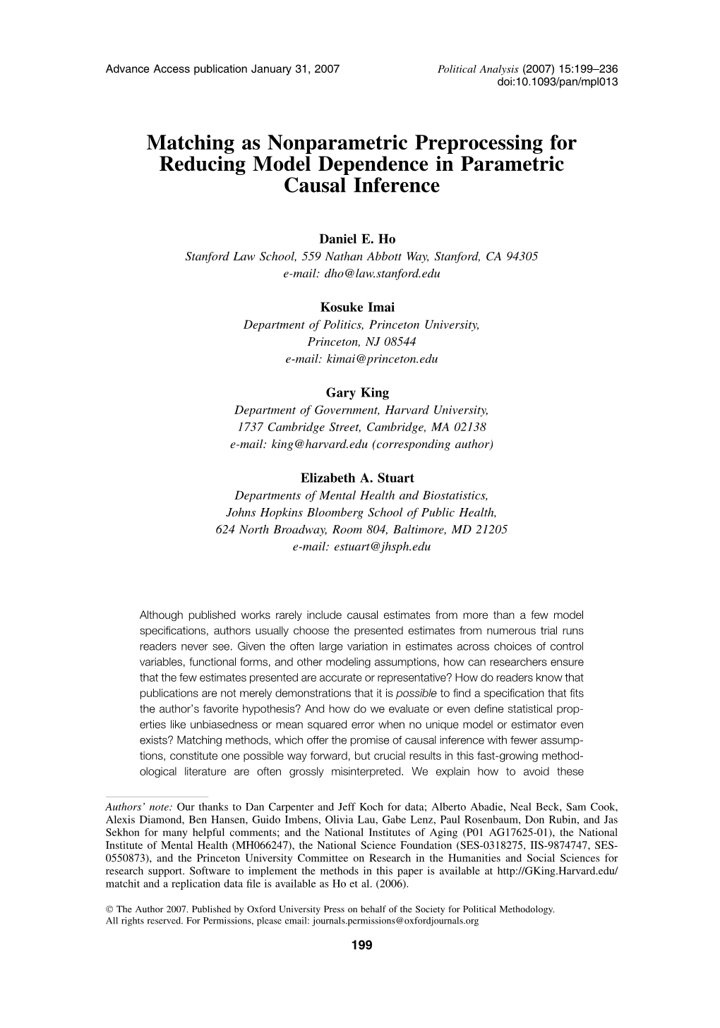 Matching As Nonparametric Preprocessing for Reducing Model Dependence in Parametric Causal Inference