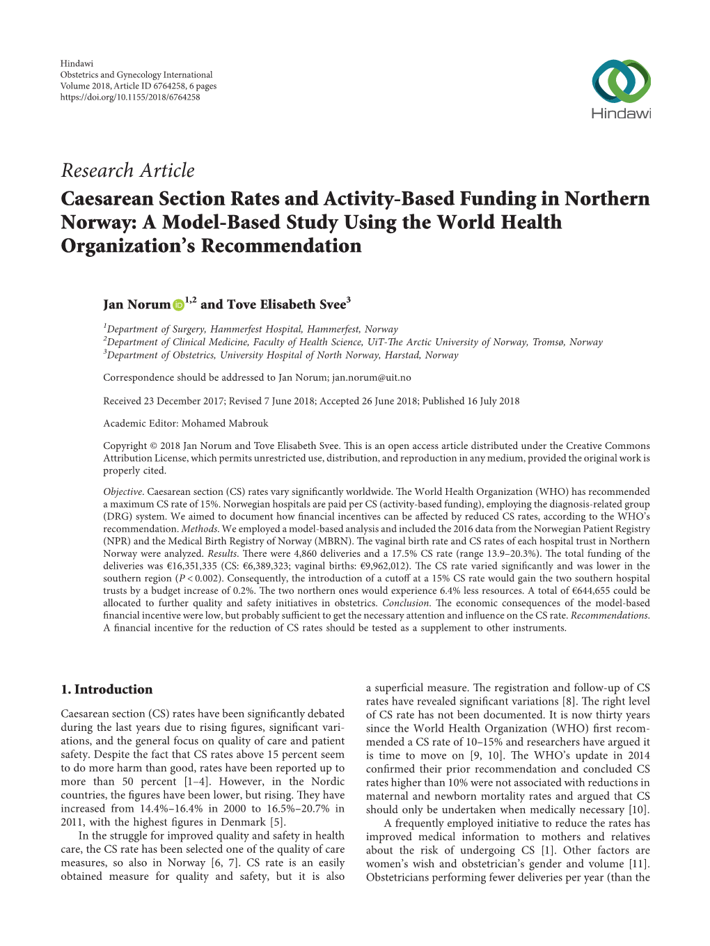 Caesarean Section Rates and Activity-Based Funding in Northern Norway: a Model-Based Study Using the World Health Organization’S Recommendation