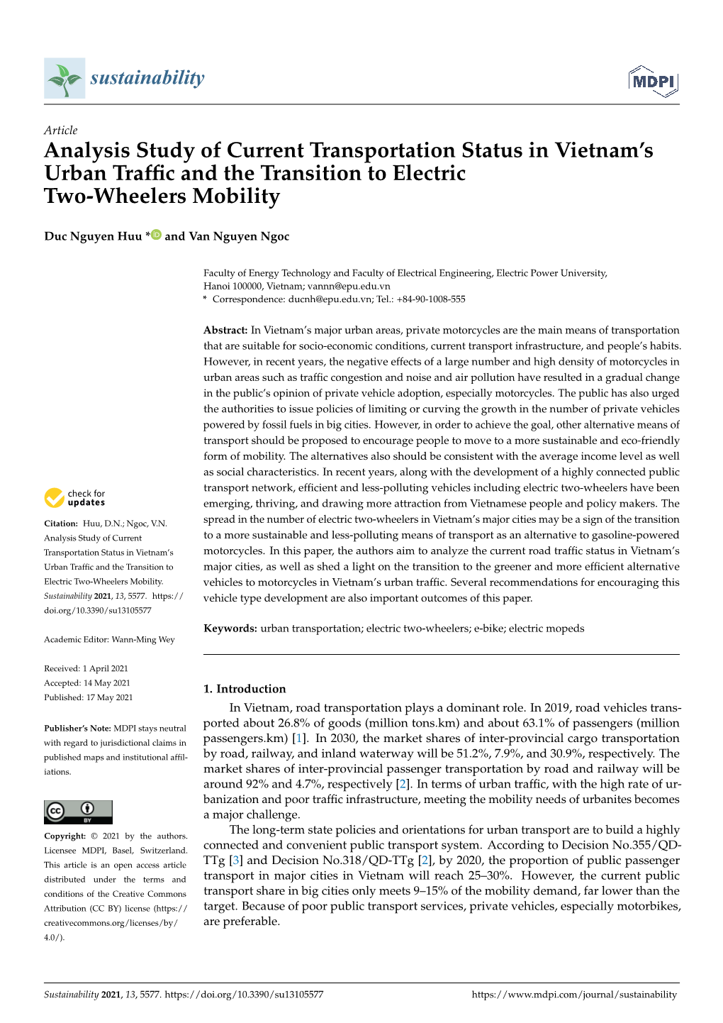 Analysis Study of Current Transportation Status in Vietnam's