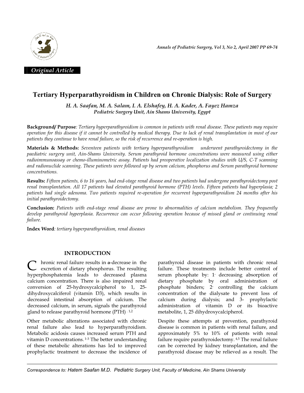 Tertiary Hyperparathyroidism in Children on Chronic Dialysis: Role of Surgery H